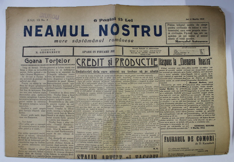 NEAMUL NOSTRU , MARE SAPTAMANAL ROMANESC , ANUL XX , NO.2 ,11 MARTIE , 1943