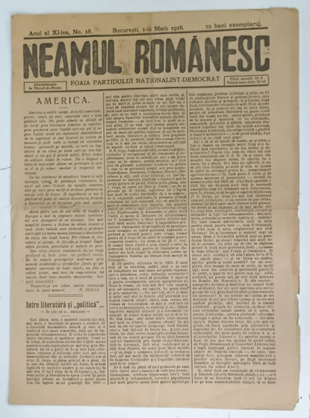 NEAMUL ROMANESC , FOAIA PARTIDULUI NATIONALIST - DEMOCRAT , No. 18 , 1916