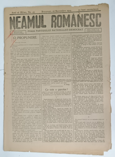 NEAMUL ROMANESC , FOAIA PARTIDULUI NATIONALIST - DEMOCRAT , No. 45 , 1914