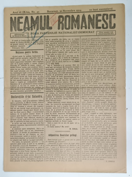 NEAMUL ROMANESC , FOAIA PARTIDULUI NATIONALIST - DEMOCRAT , No. 47 , 1914