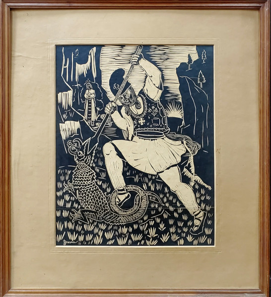 Nicolae Brana (1905-1986) - Alegorie, Sf. Gheorghe ucigand, Xilogravura
