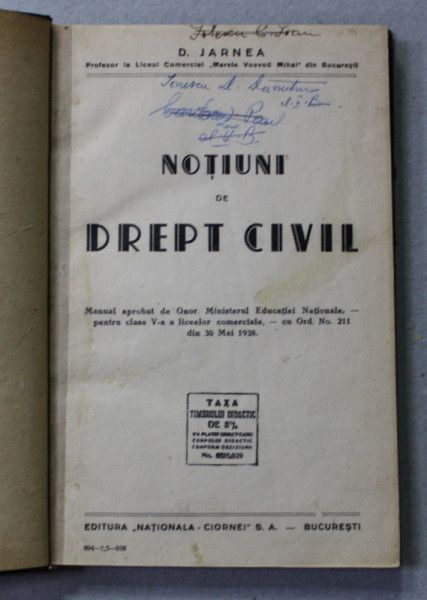 NOTIUNI DE DREPT CIVIL de D. JARNEA , 1938, PREZINTA SUBLINIERI CU CREIONUL *