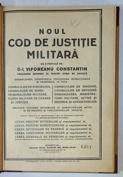 NOUL COD DE JUSTITIE MILITARA de D-L VIFOREANU CONSTANTIN , ANII '30