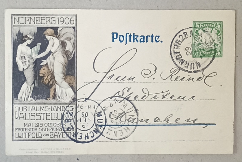 NURNBERG 1906 , EXPOZITIE CU OCAZIA JUBILEULUI LANDULUI , ALEGORIE GRAFICA , LITOGRAFIE , CARTE POSTALA , CLASICA