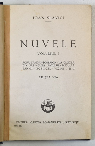 NUVELE de IOAN  SLAVICI , VOLUMUL I , 1931