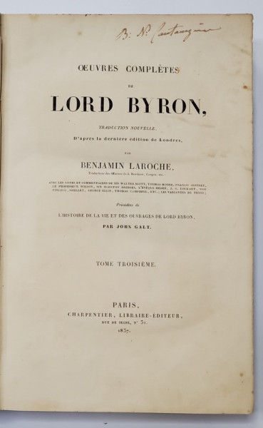 OEUVRES COMPLETES DE LORD BYRON par BENJAMIN LAROCHE - PARIS, 1837