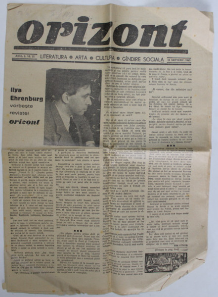 ORIZONT, REVISTA DE LITERATURA , ARTA , CULTURA , GANDIRE SOCIALA , ANUL I , NR.21 , aparut 15  SEPT. 1945