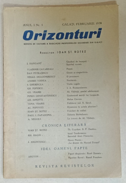 ORIZONTURI , REVISTA DE CULTURA  A  ASOCIATIEI PROFESORILOR SECUNDARI DIN GALATI ANUL I ,  NR. 1, 1938