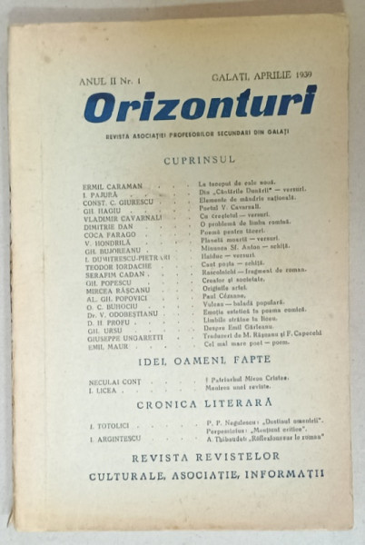 ORIZONTURI , REVISTA DE CULTURA  A  ASOCIATIEI PROFESORILOR SECUNDARI DIN GALATI , NR. 1, 1939