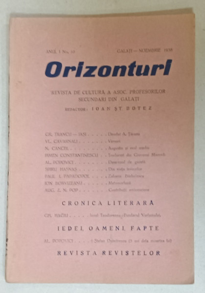 ORIZONTURI , REVISTA DE CULTURA  A  ASOCIATIEI PROFESORILOR SECUNDARI DIN GALATI , NR. 10, 1938