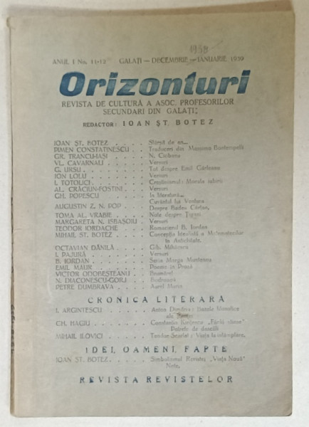 ORIZONTURI , REVISTA DE CULTURA  A  ASOCIATIEI PROFESORILOR SECUNDARI DIN GALATI , NR. 11-12, 1938