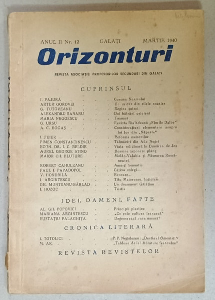 ORIZONTURI , REVISTA DE CULTURA  A  ASOCIATIEI PROFESORILOR SECUNDARI DIN GALATI , NR. 12, 1940