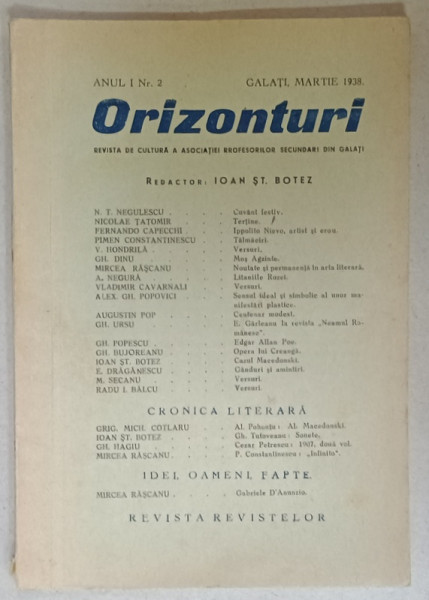 ORIZONTURI , REVISTA DE CULTURA  A  ASOCIATIEI PROFESORILOR SECUNDARI DIN GALATI , NR. 2, 1938