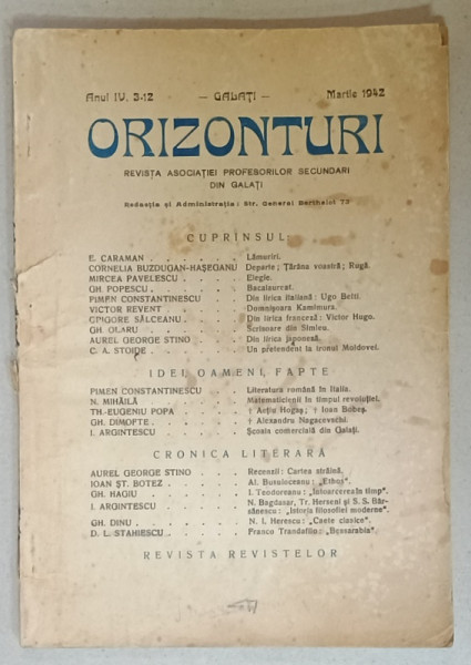 ORIZONTURI , REVISTA DE CULTURA  A  ASOCIATIEI PROFESORILOR SECUNDARI DIN GALATI , NR. 3- 12, 1942