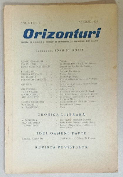 ORIZONTURI , REVISTA DE CULTURA  A  ASOCIATIEI PROFESORILOR SECUNDARI DIN GALATI , NR. 3, 1938