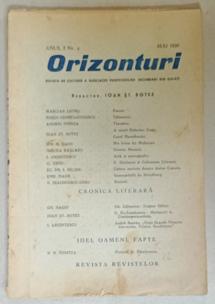 ORIZONTURI , REVISTA DE CULTURA  A  ASOCIATIEI PROFESORILOR SECUNDARI DIN GALATI , NR. 4, 1938