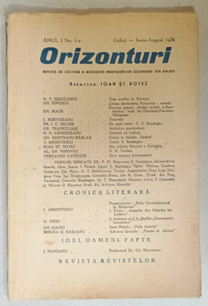 ORIZONTURI , REVISTA DE CULTURA  A  ASOCIATIEI PROFESORILOR SECUNDARI DIN GALATI , NR.5-7, 1938