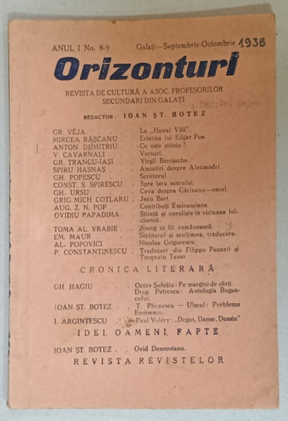 ORIZONTURI , REVISTA DE CULTURA  A  ASOCIATIEI PROFESORILOR SECUNDARI DIN GALATI , NR.8-9 , 1938