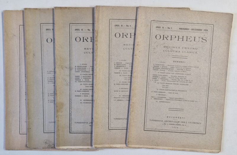 ORPHEUS , REVISTA PENTRU CULTURA CLASICA , ANUL II , COMPLET , NUMERELE I - V , IANUARIE - DECEMBRIE , 1926