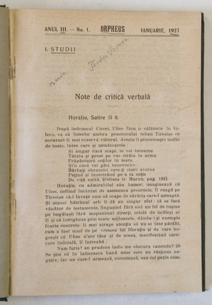 ORPHEUS , REVISTA PENTRU CULTURA CLASICA , ANUL III COMPLET  , COLEGAT DE 5 NUMERE , IAN. - DEC. 1927