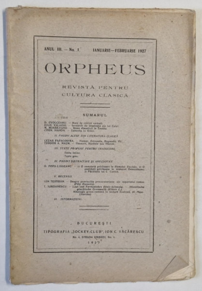 ORPHEUS , REVISTA PENTRU CULTURA CLASICA , NR. 1 , 1927