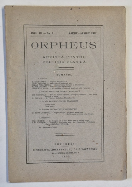 ORPHEUS , REVISTA PENTRU CULTURA CLASICA , NR. 2 , 1927