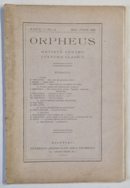 ORPHEUS , REVISTA PENTRU CULTURA CLASICA , NR. 4 , 1925