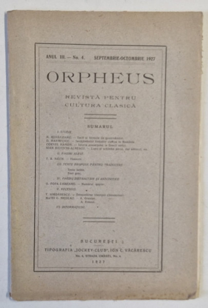 ORPHEUS , REVISTA PENTRU CULTURA CLASICA , NR. 4 , 1927