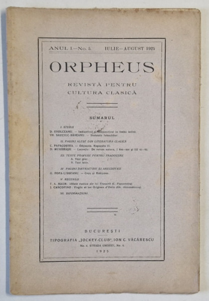 ORPHEUS , REVISTA PENTRU CULTURA CLASICA , NR. 5 , 1925