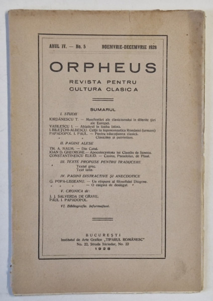 ORPHEUS , REVISTA PENTRU CULTURA CLASICA , NR. 5 , 1928