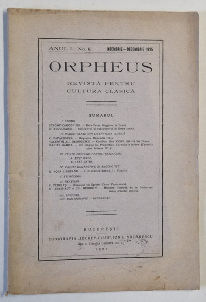 ORPHEUS , REVISTA PENTRU CULTURA CLASICA , NR. 6 , 1925