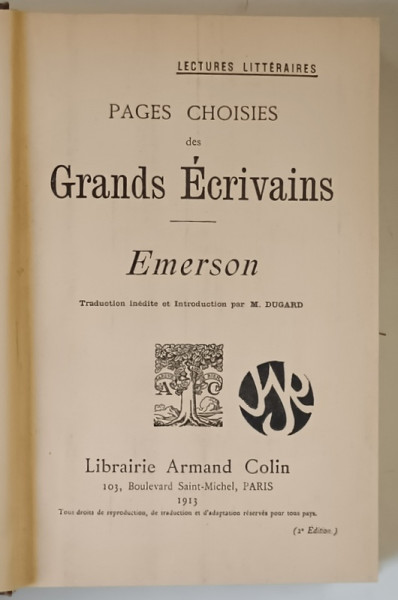PAGES CHOISIES DES GRANDS ECRIVAINS par R. W. EMERSON , 1913