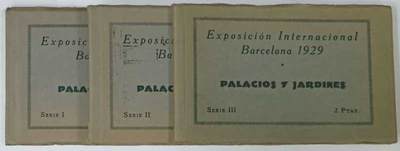 PALACIOS y JARDINES  , ESPOSICION INTERNACIONAL  , BARCELONA 1929 , TREI  MINIALBUME CU CATE 12 CARTI POSTALE DETASABILE , FOTOGRAFII DE EPOCA , 1929
