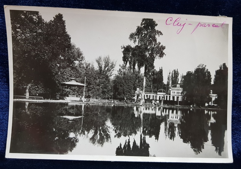 PARCUL DIN CLUJ , FOTOGRAFIE MONOCROMA, PE HARTIE LUCIOASA , PERIOADA INTERBELICA , PREZINTA O INSEMNARE CU PIXUL COLORAT PE FATA *