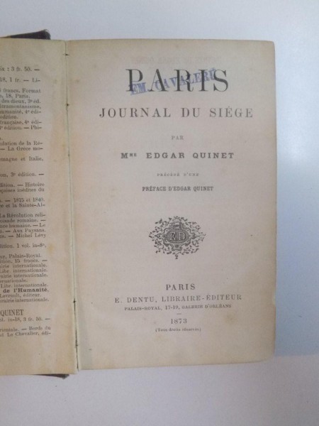 PARIS. JOURNAL DU SIEGE par EDGAR QUINET  1873