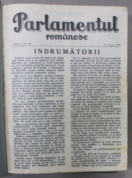 PARLAMENTUL ROMANESC , REVISTA ,  COLEGAT , ANUL VI , COMPLET , CONTINE NUMERELE SUCCESIVE 161- 190 , IANUARIE - DECEMBRIE ,  1935