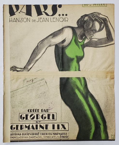 PARS ! ...CHANSON de JEAN LENOIR , creee para GEORGEL et GERMAINE LIX , PARTITURA , 1924, COPERTA LITOGRAFIATA