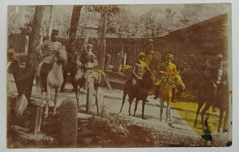 PATRU TINERI ROMANI IN VIZITA LA CONSTANTINOPOL , CALARE PE CAI , FOTOGRAFIE FORMAT CARTE POSTALA , 1908
