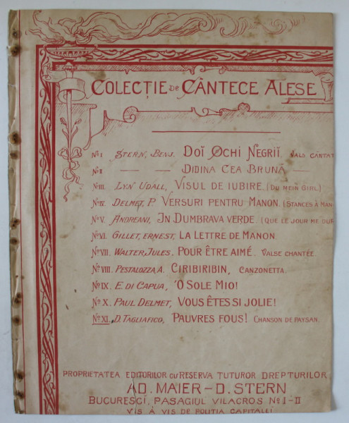 PAUVRE FOUS ! CHANSON DE PAYSAN , PAROLES et MUSIQUE de D. TAGLIAFICO , INCEPUTUL SEC. XX , PARTITURA