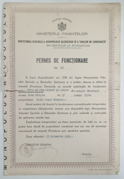 PERMIS DE FUNCTIONARE ACORDAT FABRICII DE ROM .LICHIOR SI CONIAC ' IOSIF RINZLER , BUCURESTI , 1936