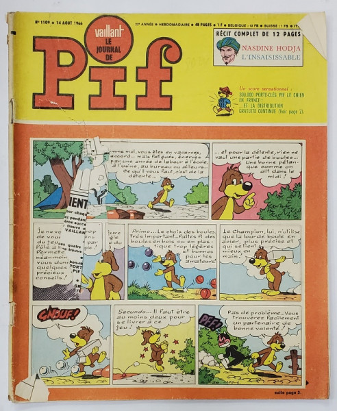 PIF , VAILLANT , REVISTA CU BENZI DESENATE , TEXT IN LIMBA FRANCEZA , No. 1109 , 1966