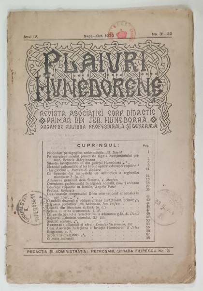 PLAIURI HUNEDORENE , REVISTA REVISTA ASOCIATIEI  CORP DIDACTIC PRIMAR DIN JUD. HUNEDOARA , No. 31 - 32 , 1933