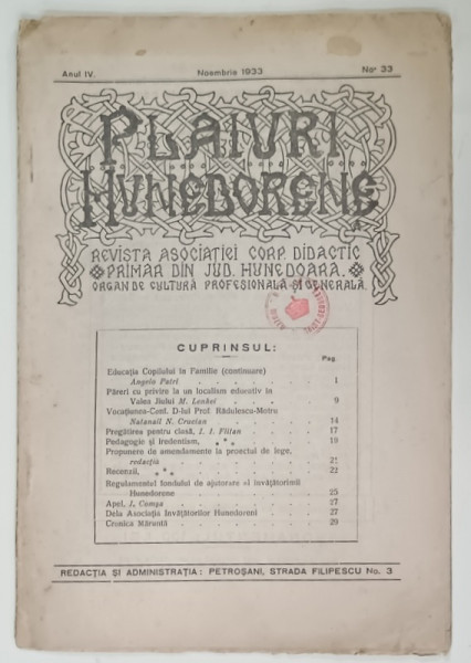 PLAIURI HUNEDORENE , REVISTA REVISTA ASOCIATIEI  CORP DIDACTIC PRIMAR DIN JUD. HUNEDOARA , No. 33, 1933
