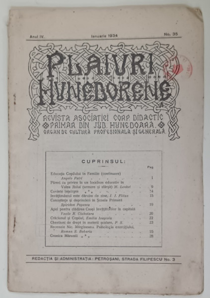 PLAIURI HUNEDORENE , REVISTA REVISTA ASOCIATIEI  CORP DIDACTIC PRIMAR DIN JUD. HUNEDOARA , No. 35 , 1934
