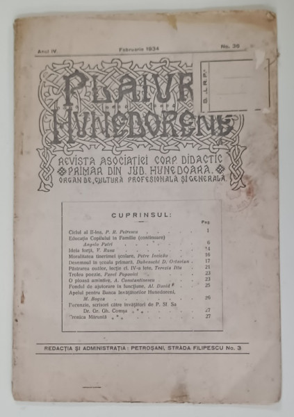 PLAIURI HUNEDORENE , REVISTA REVISTA ASOCIATIEI  CORP DIDACTIC PRIMAR DIN JUD. HUNEDOARA , No. 36 , 1934