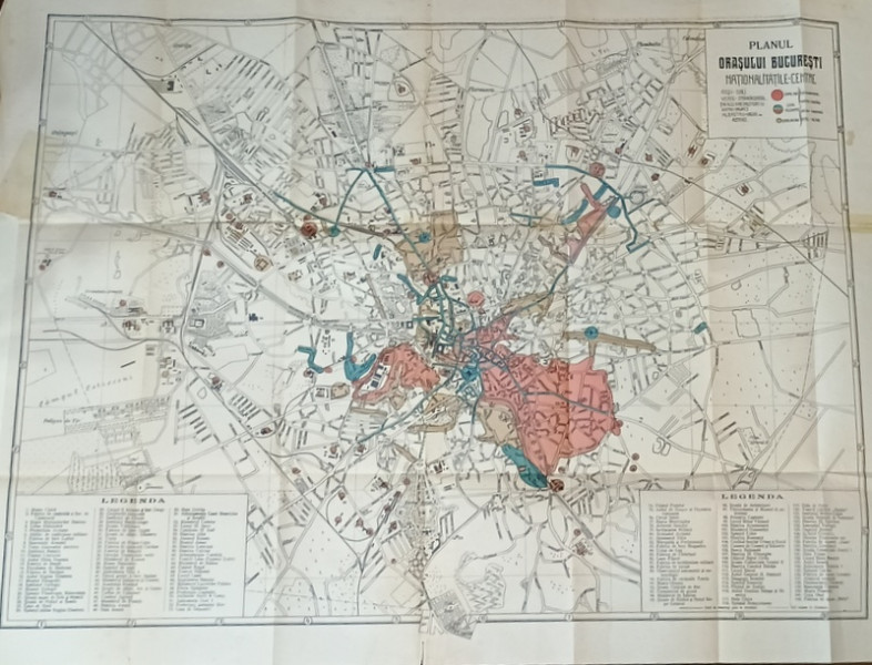 PLANUL ORASULUI BUCURESTI , NATIONALITATILE , CENTRE (  CU REPARTIZARILE ETNIILOR  PE ZONE )  , ANII '30 , VEZI DESCRIEREA !