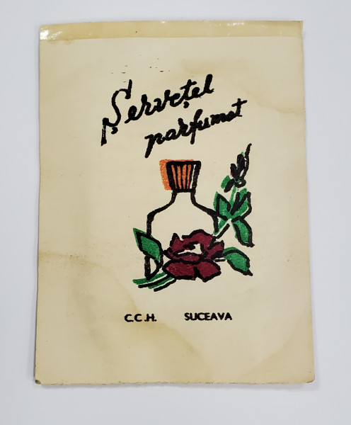 PLIC CU SERVETEL PARFUMAT IMPREGNAT CU APA DE COLONIE  , IMPRIMAT CU MODEL FLORAL SI STICLA DE COLONIE ,  PRODUS 1976