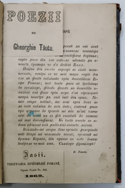 POEZII de GHEORGHE TAUTU , IASI , 1862