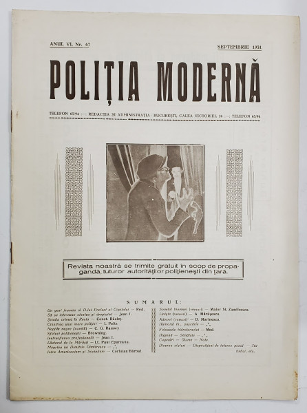 POLITIA MODERNA , REVISTA LUNARA DE SPECIALITATE , LITERATURA SI STIINTA , ANUL VI , NR.67  ,  SEPTEMBRIE , 1931