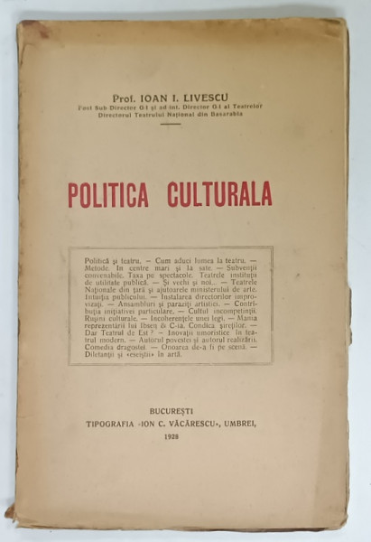POLITICA CULTURALA de IOAN I. LIVESCU , 1928